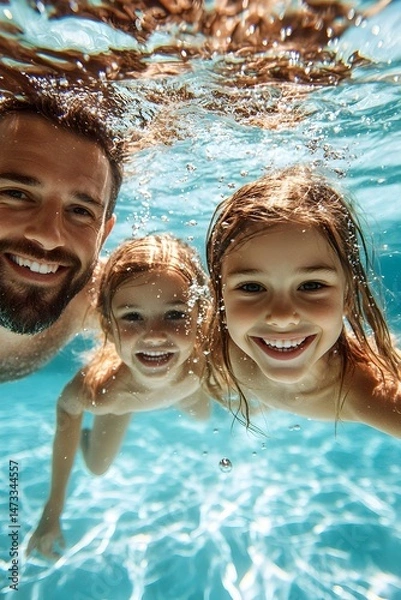 Fototapeta A father and his two daughters smile at the camera while submerged in a pool