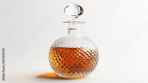 Fototapeta Clear glass decanter, round shape, filled with amber liquid, crystal facets