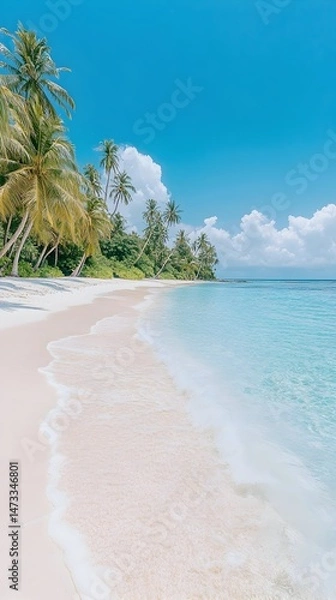 Fototapeta A pristine white sand beach fringed by swaying palm trees meets crystal-clear turquoise waters under a vibrant blue sky