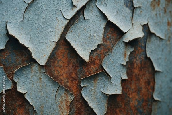 Fototapeta Peeling paint on rusted metal surface reveals industrial decay often found in power plant structures exposed to harsh conditions over time