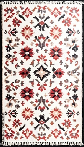 Fototapeta A white rug with a symmetrical pattern of red, black, and grey floral motifs