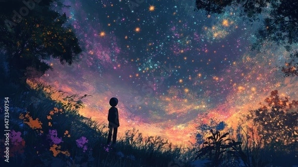 Obraz Child gazing at starry night sky