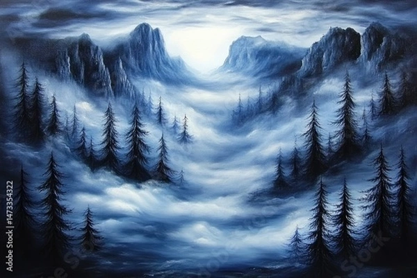 Fototapeta Misty mountain valley, shrouded in ethereal blue fog, with dark evergreen trees