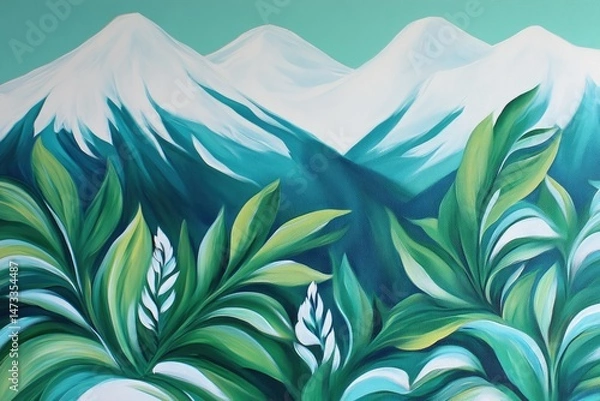 Fototapeta Lush tropical foliage against a backdrop of snow-capped mountains