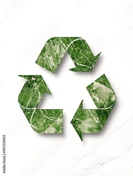 Fototapeta A green marble texture recycling symbol with a shadow on a white marble background