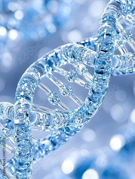 Obraz A translucent, spiraling DNA molecule with a blue hue and blurred background
