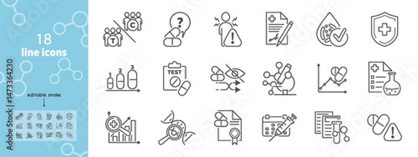 Fototapeta Vector icons set related to medical trial. Represents study, research, test and clinic processes. Control group, placebo, informed consent illustration. Designed for educational or clinical use.