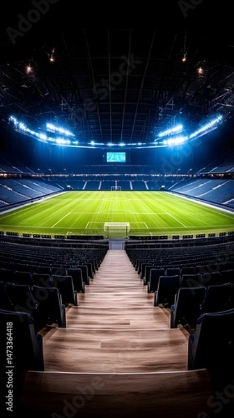Obraz An empty football stadium with bright lights and a view of the field from the stands