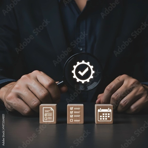 Fototapeta Businessman Inspecting Quality Control Process with Magnifying Glass