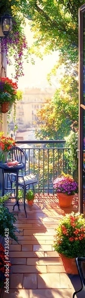 Fototapeta Sunlit balcony garden with colorful potted flowers and cozy seating area warm morning light enhances the vibrant greenery and blooming plants