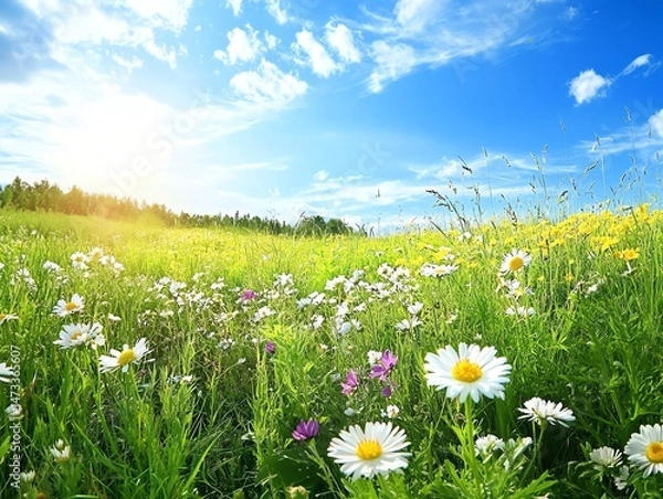 Fototapeta Sunlit meadow filled with wildflowers under a bright blue sky wideangle shot capturing the vibrant greens and delicate flowers with soft morning light