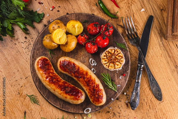 Obraz Grilled sausages on a board with potatoes and sun-dried tomatoes