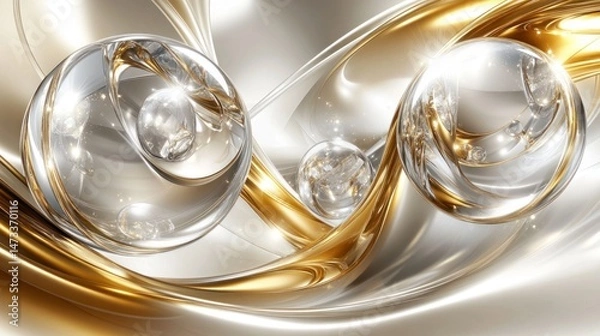 Fototapeta Abstract design with shimmering spheres and flowing gold lines