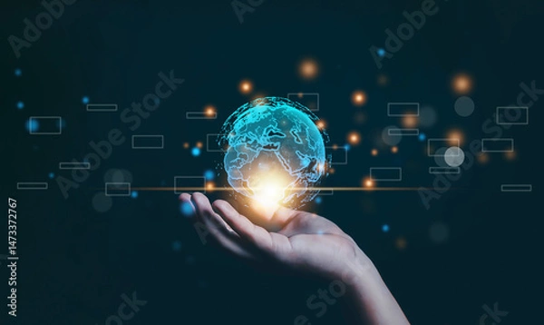 Obraz Hands showing the world of digital marketing, business concept, technology, international market, global internet connection, big data, business technology, finance, internet global, internet,	

