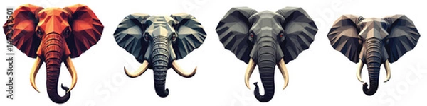 Fototapeta Cut-out set of low-poly war elephant face in a vector illustration against a Transparent or white background, best for logo design, print, sticker or clipart.