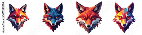 Fototapeta Cut-out set of low-poly thunder fox face in a vector illustration against a Transparent or white background, best for logo design, print, sticker or clipart.