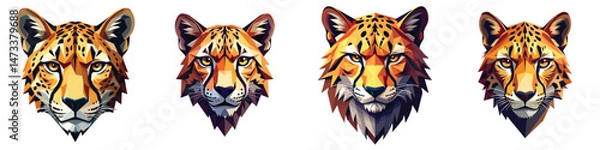 Fototapeta Cut-out set of low-poly armored cheetah face in a vector illustration against a Transparent or white background, best for logo design, print, sticker or clipart.