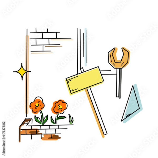 Obraz 家や花の工事、リフォームのシンプルなイラスト