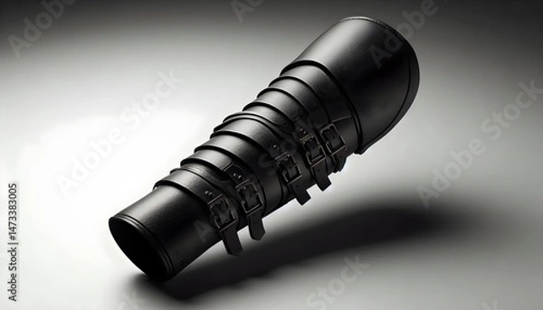 Fototapeta Matte black leather archery arm guard with curved shape, cleanly isolated on minimalist backdrop under soft light.