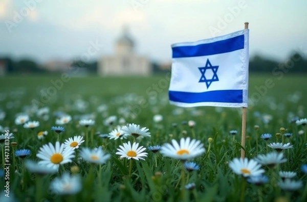 Obraz the flag of Israel on the background of a lawn with daisies