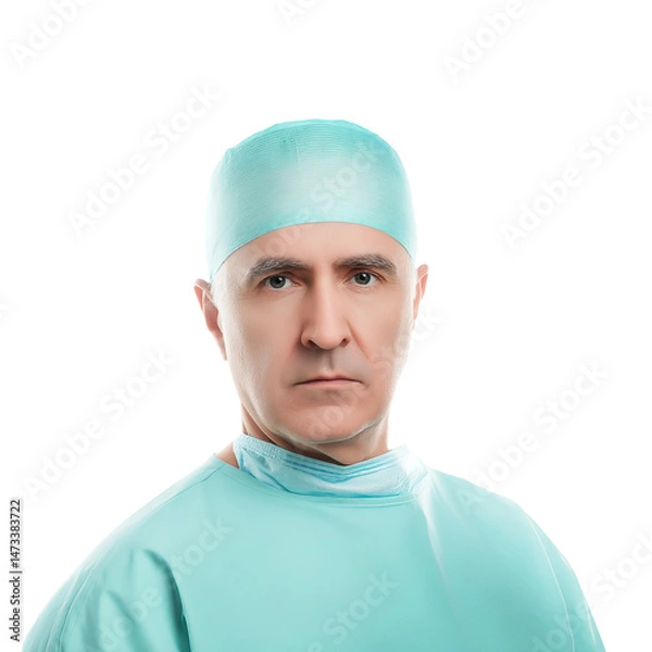 Obraz A serious surgeon in a blue surgical cap and gown, looking directly at the camera, ready to perform surgery.  His expression shows determination and focus.