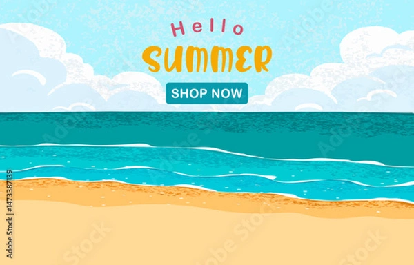 Obraz summer landscape grain texture background with beach and palm leaves for horizontal design