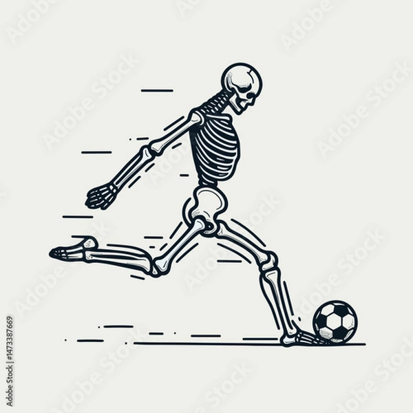 Fototapeta Skeleton as Soccer Player Taking Penalty. Skeletal sport clipart silhouette vector illustration. Bony athlete kicking ball for goal execution comical macabre moment.