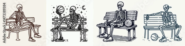 Fototapeta Skeleton as Basketball Player Sitting on Bench. Skeletal sport clipart silhouette vector illustration. Bony athlete having downtime at courtside enjoying a break hardwood timber.