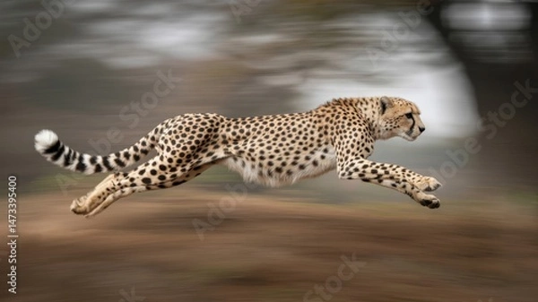 Fototapeta A cheetah sprints with blurred background, showing its incredible speed and powerful gracefulness.