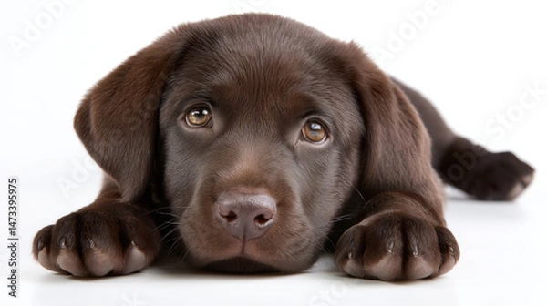 Obraz Adorable chocolate lab puppy lying down, gazing intently