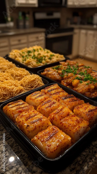 Fototapeta korean meal soybean stew grilled fish japchae warm