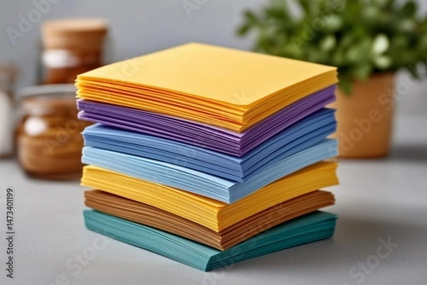 Fototapeta Colorful stack of sticky notes in various shades, arranged neatly on a desk, with a blurred background of office supplies and greenery, representing organization and creativity