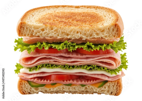 Fototapeta Stacked deli sandwich with ham, lettuce, tomato, and cheese isolated on transparent background. Food, Meal, Lunch.