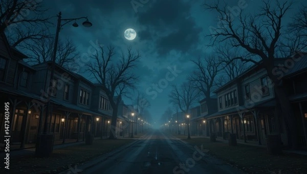 Obraz Eerie Abandoned Town Street Under Moonlight with Shadowy Trees and Flickering Lanterns at Night