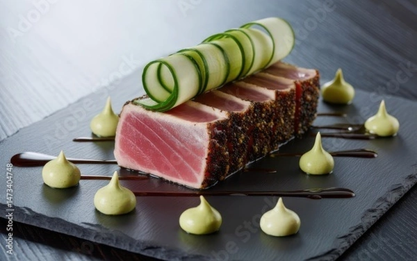 Fototapeta Pepper-Crusted Tuna Loin with Cucumber Ribbon and Avocado Sauce.