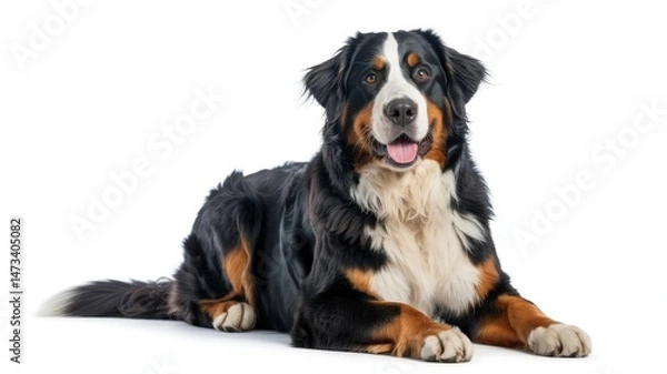 Fototapeta A Bernese Mountain Dog lies calmly against a white backdrop, displaying its thick, tri-colored fur.