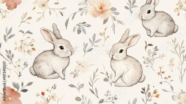 Fototapeta Delicate watercolor bunnies and flowers.  Soft pastel bunnies amidst delicate floral and foliage design