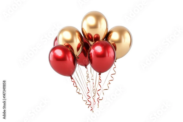 Fototapeta Arrangement of gold and red balloons with ribbons on transparent background png