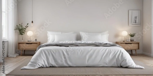 Fototapeta White linens, king bed, minimalist Scandinavian bedroom, decor, minimal, white linens