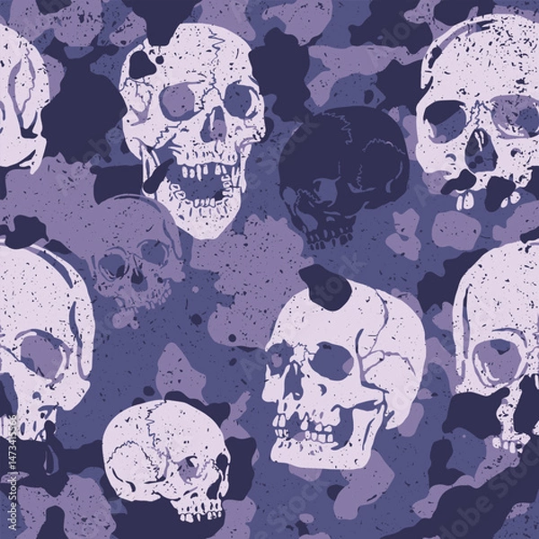 Obraz Seamless tan purple grunge vector camouflage pattern with human skulls incorporated