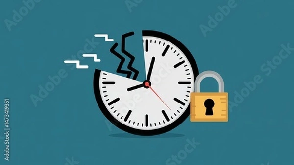 Fototapeta Illustration of a broken clock with padlock, depicting time lock or time security
