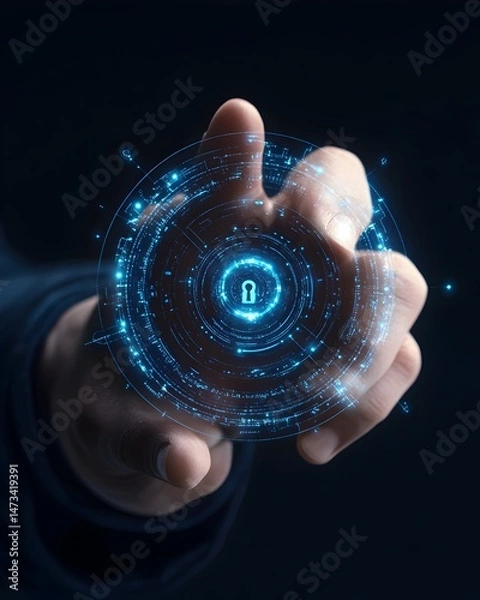 Fototapeta A hand reaches out, holding a glowing blue circle with a lock symbol in the center, surrounded by swirling data and lines