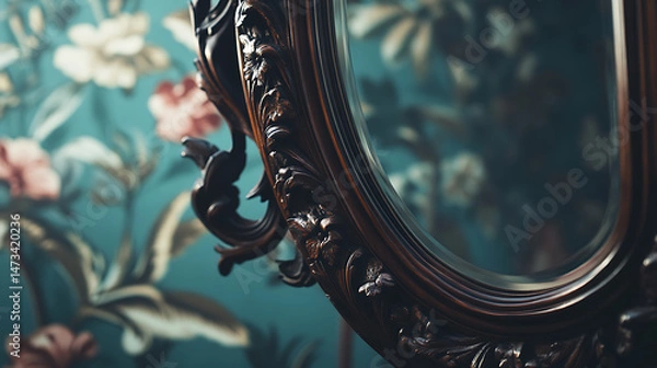 Fototapeta Intricate carved wooden frame of an antique mirror, reflecting an unseen room with floral wallpaper