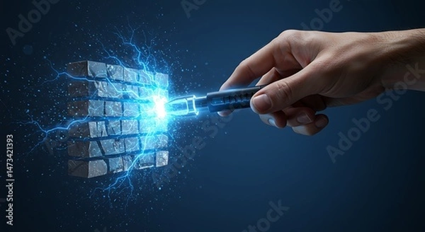 Fototapeta Breaking Block with Electrical Power Human Hand Using Device