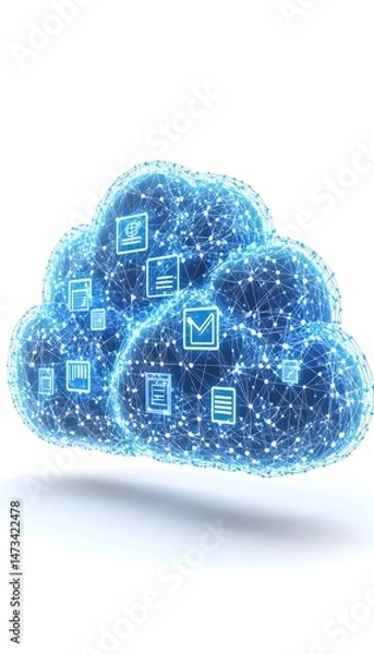 Fototapeta A stylized cloud with multiple data symbols embedded within it, representing cloud storage or computing