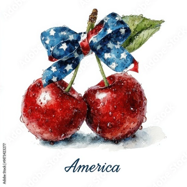Obraz Patriotic Cherries: Two ripe cherries tied together with a bow in the colors of the American flag. A watercolor painting, perfect for 4th of July celebrations.