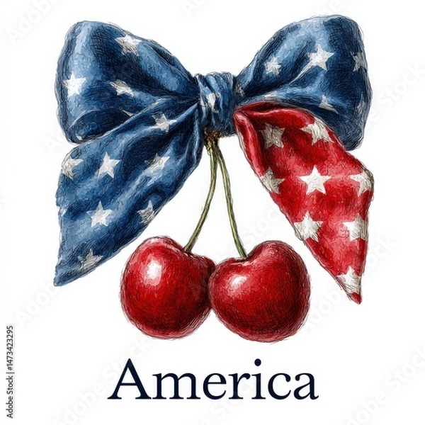 Obraz Stars and Stripes Sweetness: A vibrant composition features a meticulously rendered blue bow adorned with white stars, a red banner also sporting white stars, and two luscious red cherries.