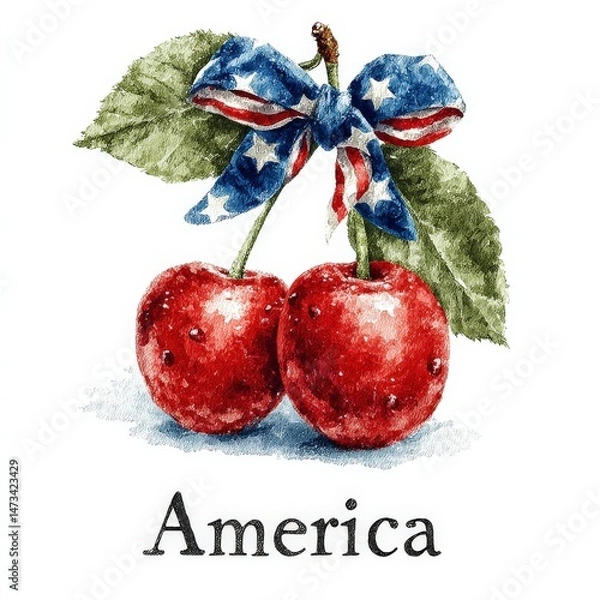 Obraz Red cherries and America: a captivating photorealistic illustration of two ripe red cherries adorned with a patriotic ribbon, evoking a sense of national pride and summertime joy.