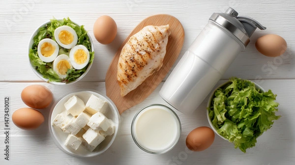 Obraz タンパク質の取れる食材としてチキンやサラダや卵や牛乳や豆腐などの健康食品が並んでいる