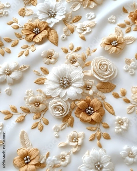 Fototapeta A close-up of a white fabric with a floral design featuring white and golden flowers and leaves